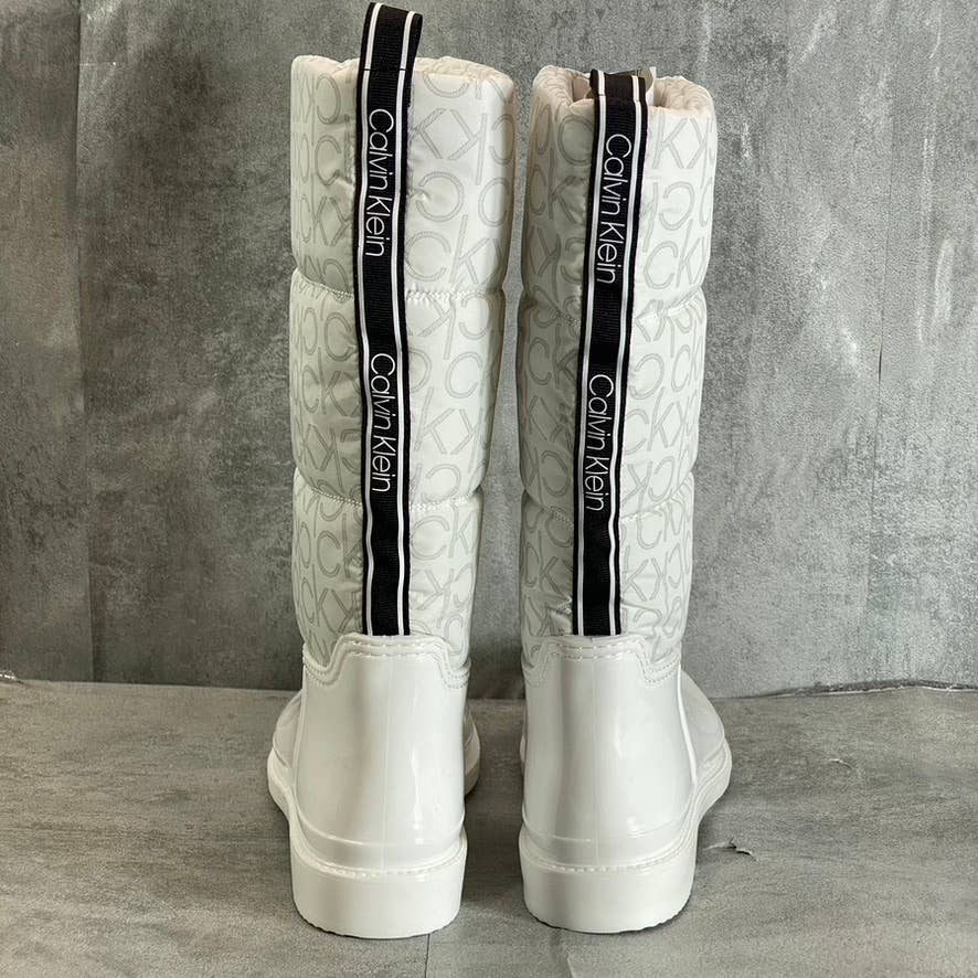 CALVIN KLEIN Women's White Suli Logo Nylon Lug Sole Block-Heel Tall Rain Boots