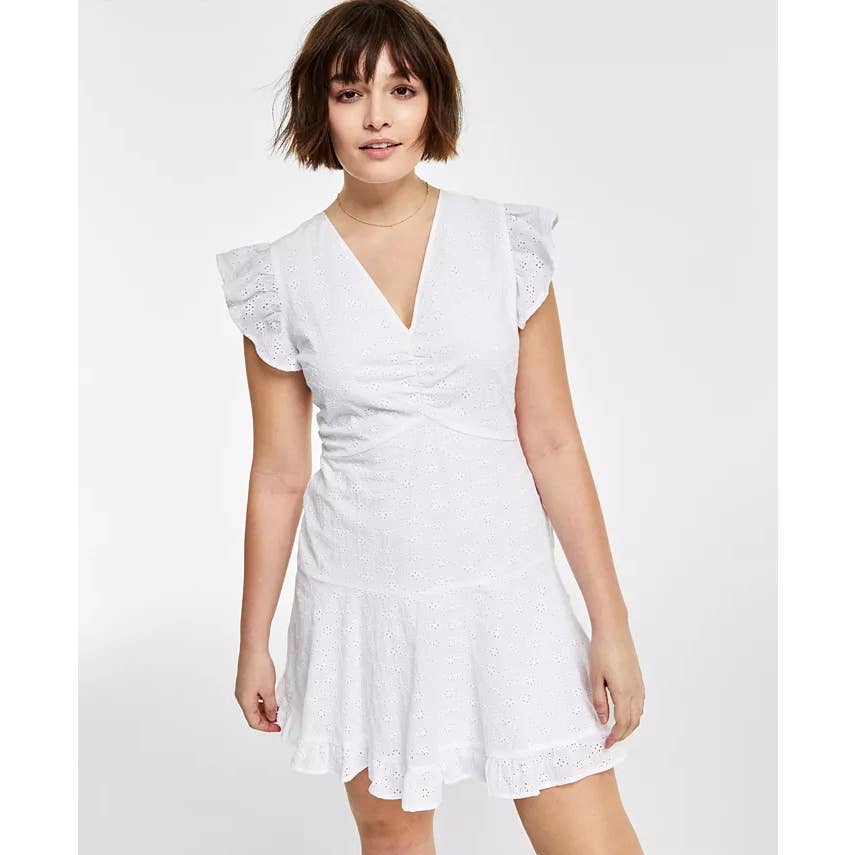 BAR III Women's Bright White Eyelet Ruched V-Neck Flutter Short Sleeve Dress