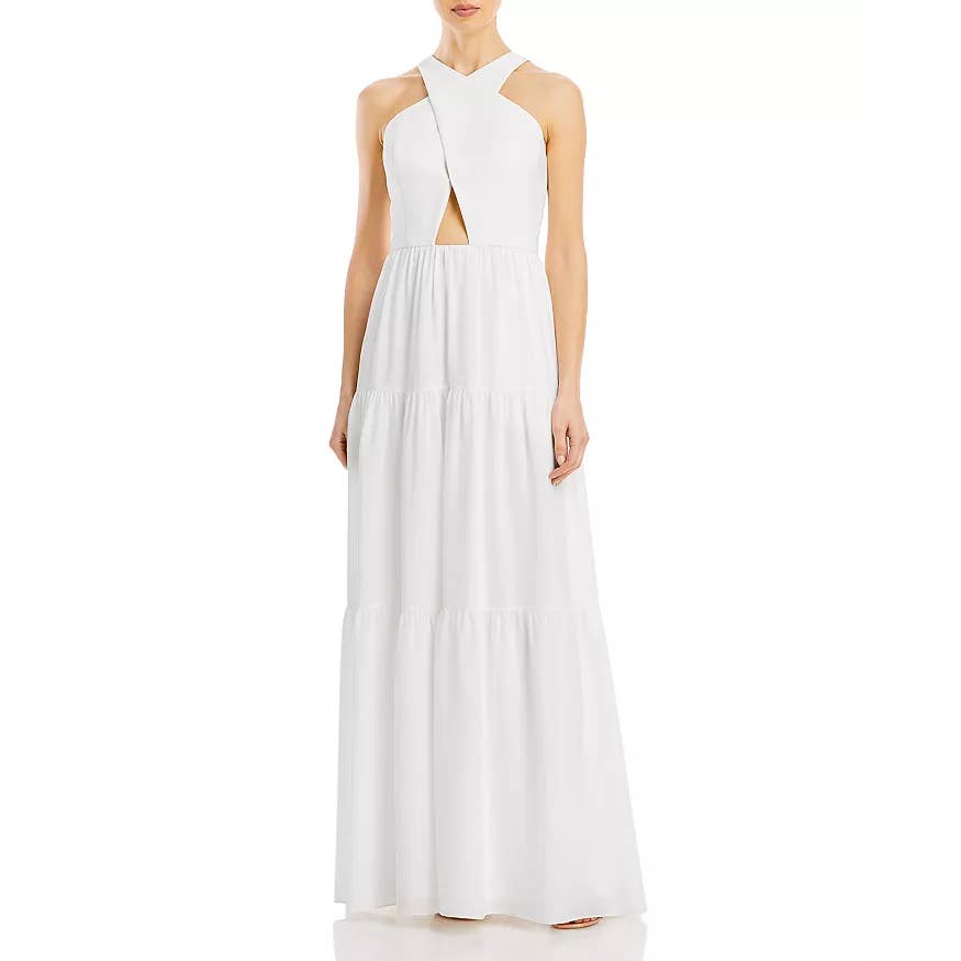 AIDAN By AIDAN MATTOX Women's Ivory Cross Halter Tiered FIT & Flare Maxi Gown