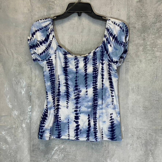 DEREK HEART Women's Blue Tie-Dye Puff Sleeve Off-The-Shoulder Short Sleeve Top SZ M