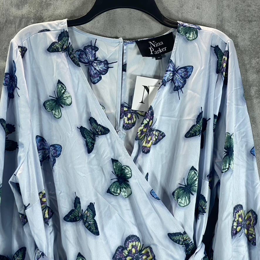 NINA PARKER Women's Plus Blue Butterfly Satin Trendy V-Neck Long-Sleeve Romper