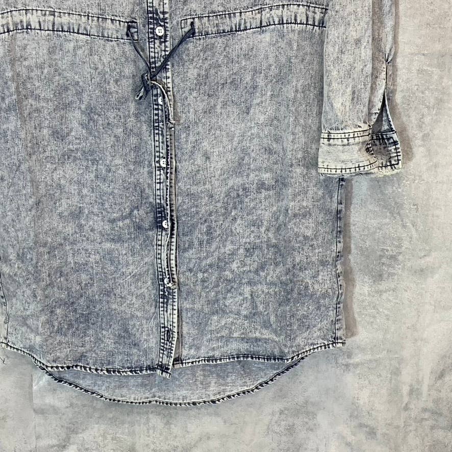CLOTH & STONE Women's Acid Wash Frayed Banded Collar Button-Up Long Sleeve Mini Shirt Dress SZ S