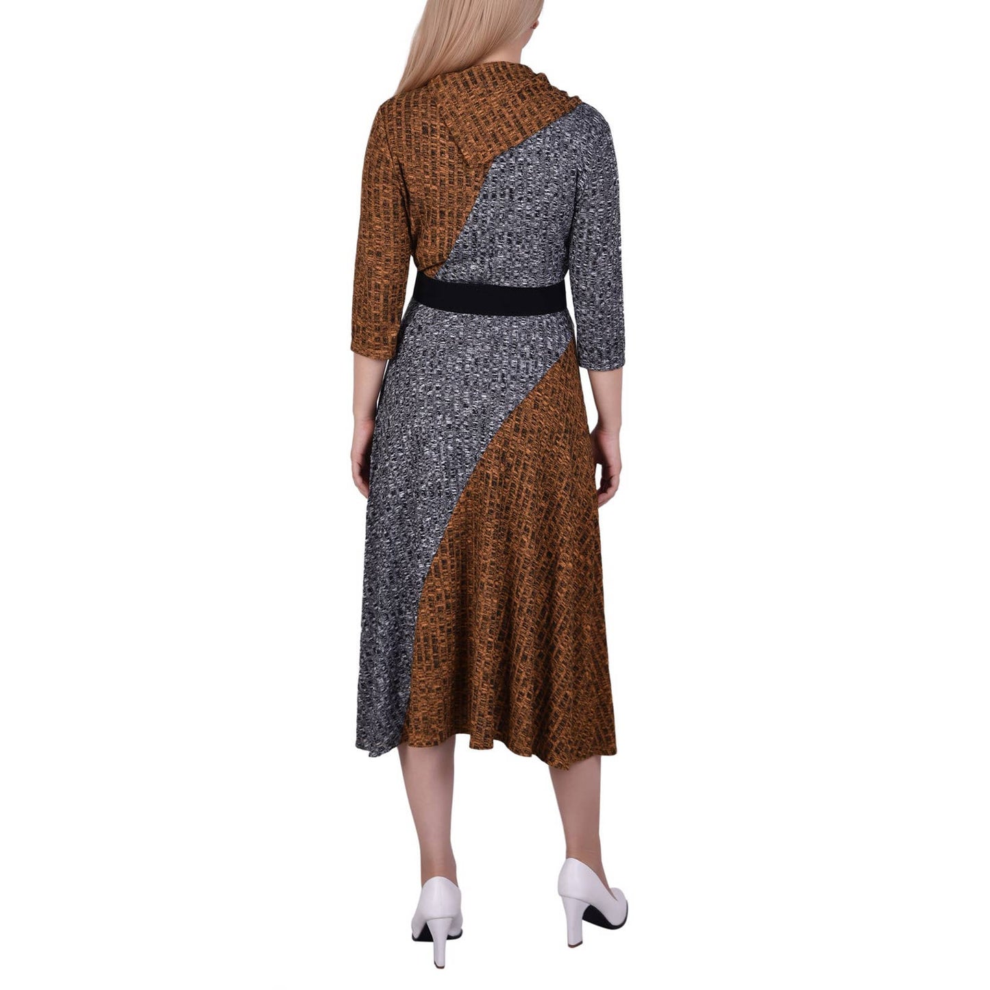 NY COLLECTION Women's Rust/Grey 3/4 Sleeve Belted Colorblocked Cowl-Mask Dress