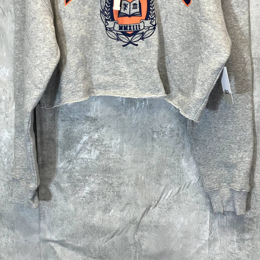 BP. Women's Grey Heather Inspired Cutoff Graphic Pullover Hoodie SZ L