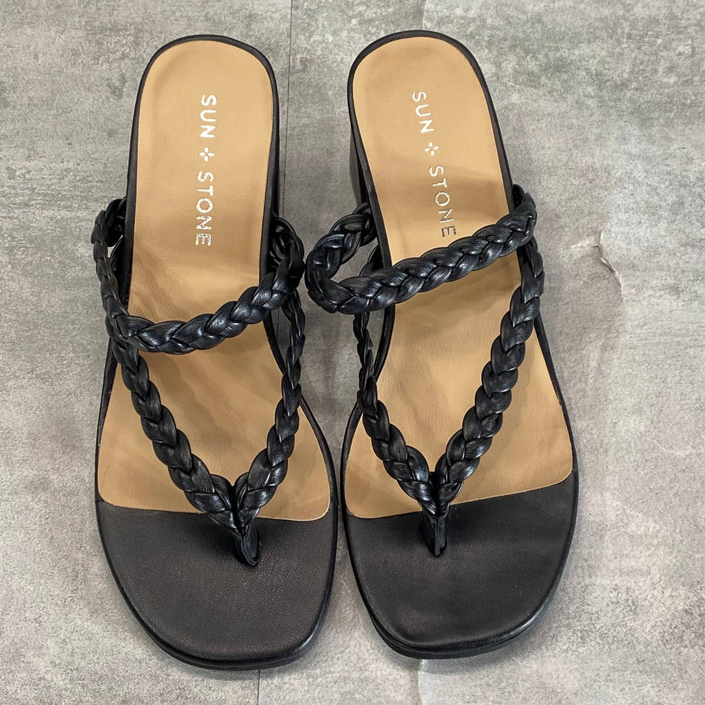 SUN+STONE Women's Black Wiinie Braided Round-Toe Block-Heel Dress Sandals SZ 6