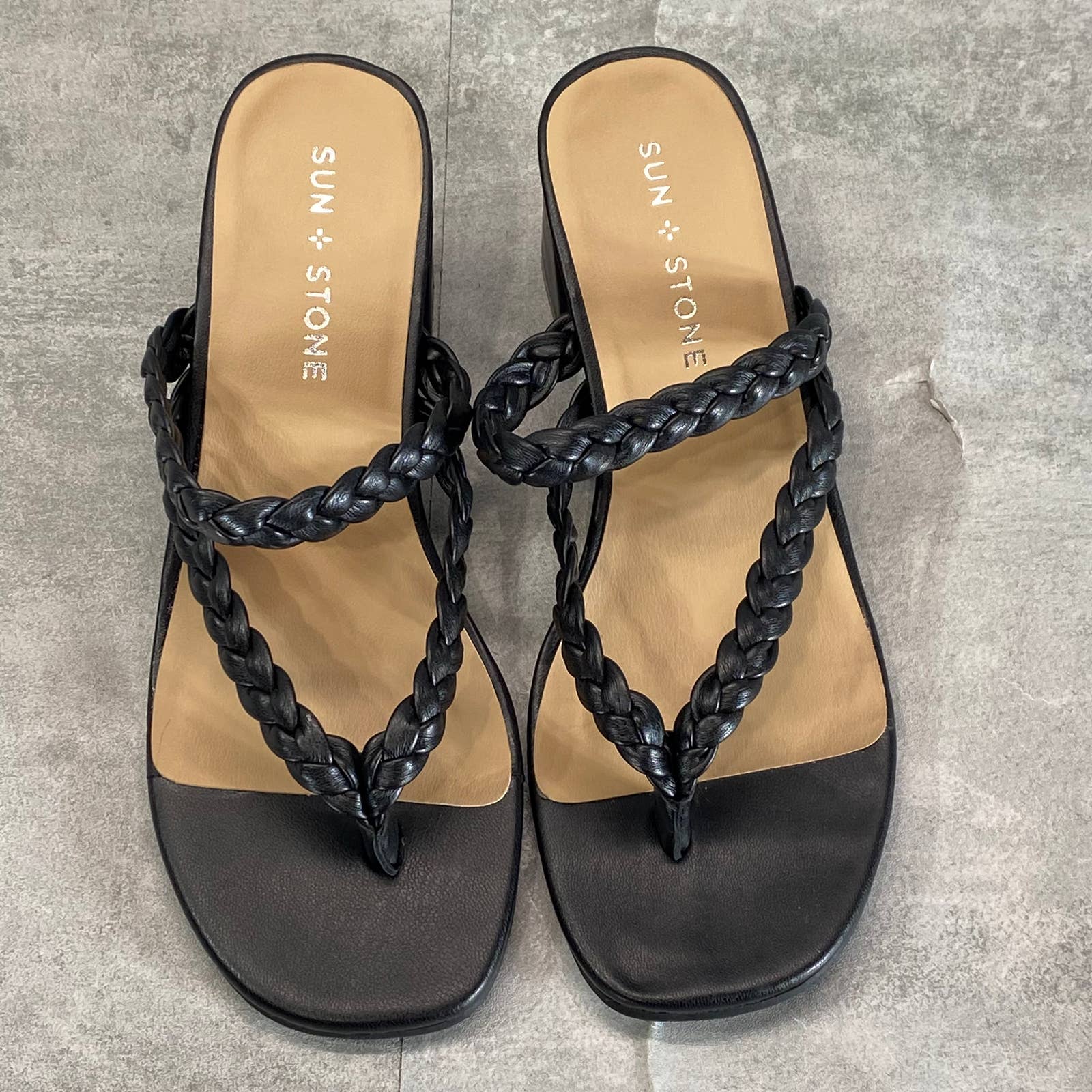 SUN+STONE Women's Black Wiinie Braided Round-Toe Block-Heel Dress Sandals SZ 6