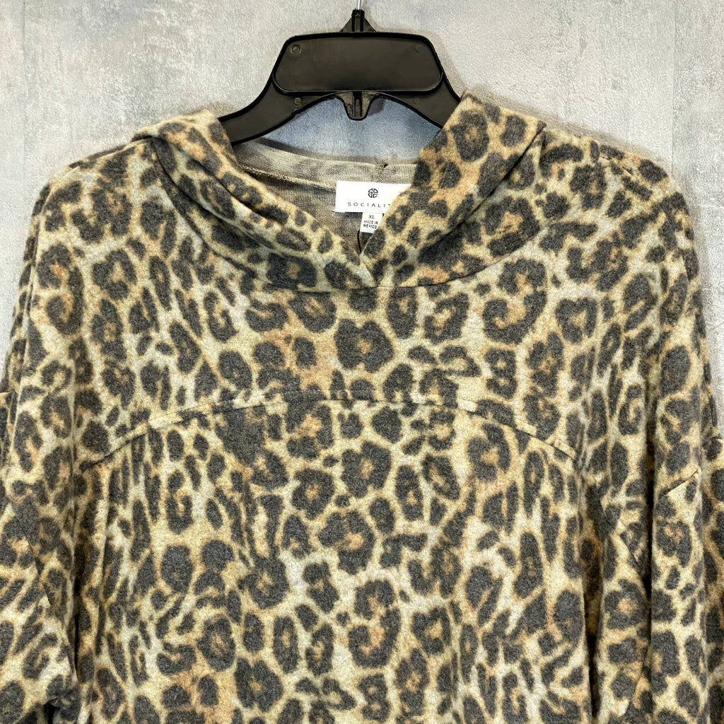SOCIALITE Women's Brown Animal Print Long Sleeve Pullover Hooded Sweater SZ XL