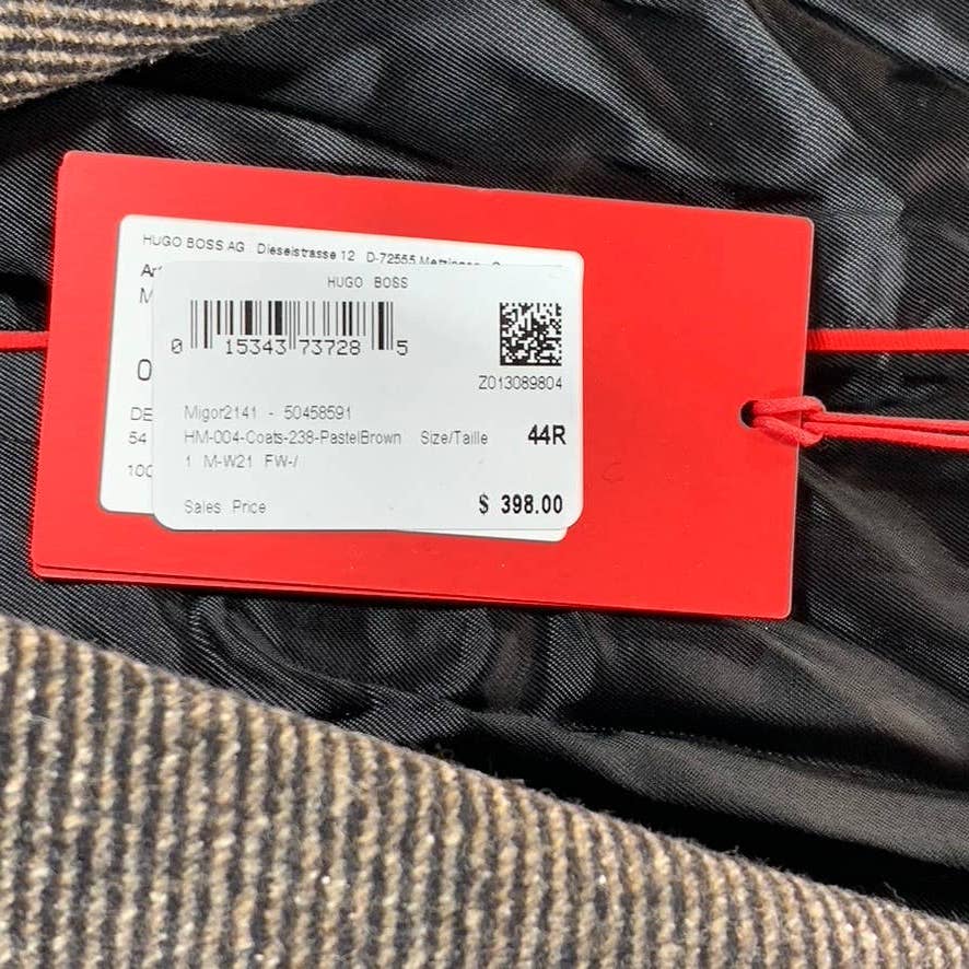 HUGO BOSS Men's Brown Slim-Fit Migor Patterned Stretch 3-Button Overcoat SZ 44R