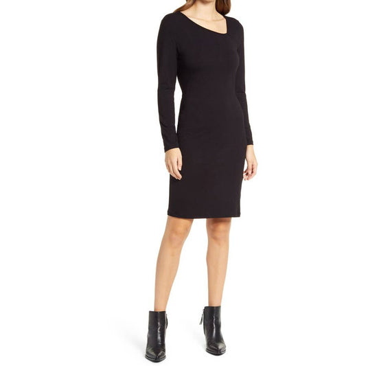 FRAICHE BY J Women's Solid Black Asymmetrical Neck Long Sleeve Sheath Dress SZ M