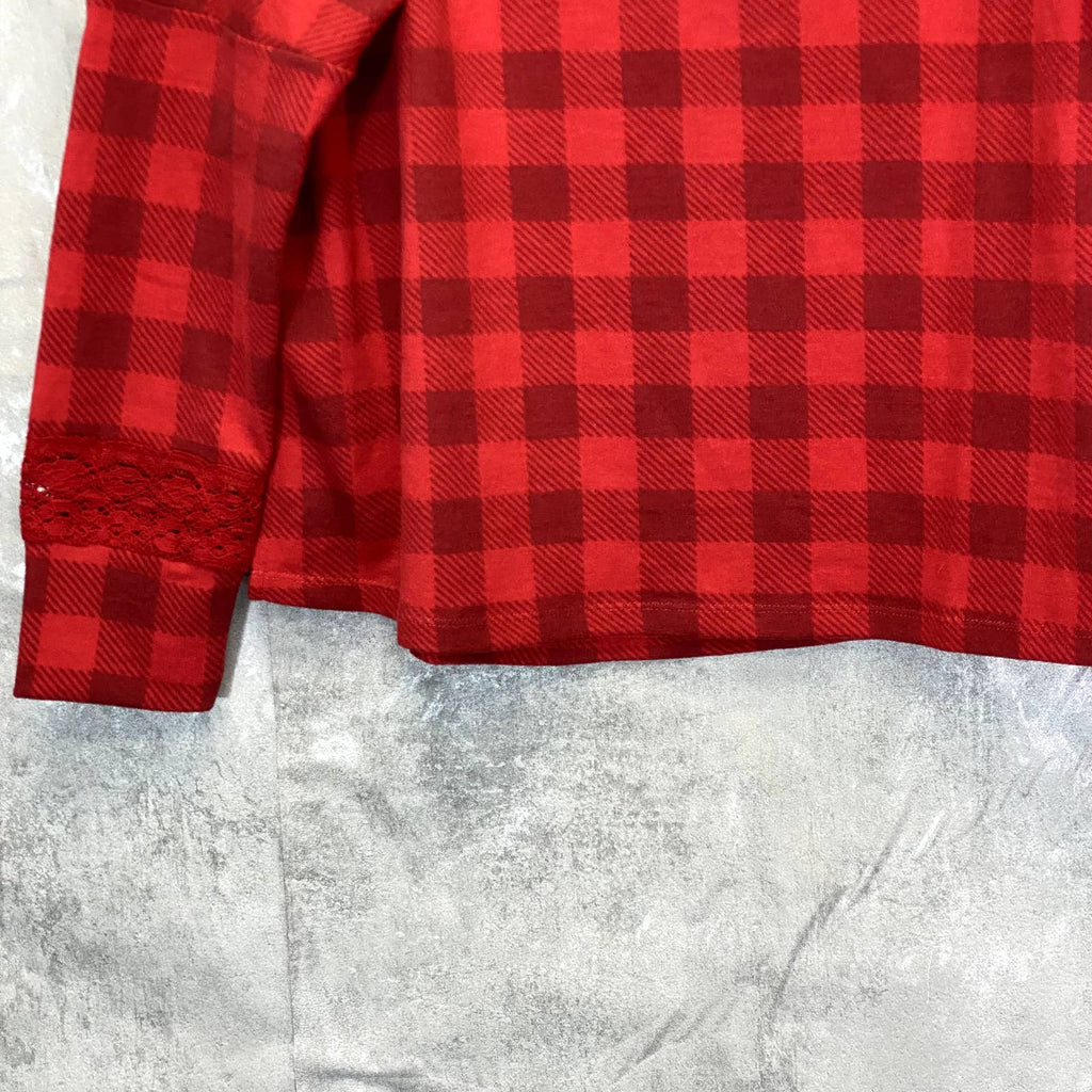 HONEYDEW INTIMATES Women's Red Ravishing Plaid Snooze Button Lace Long Sleeve Pajama Top SZ M