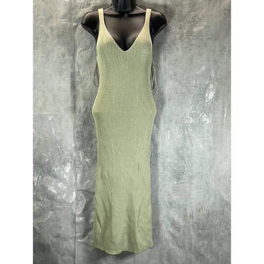 GUESS Women's Light Matcha V-Neck Ribbed Engineered Bodycon Midi Dress SZ S