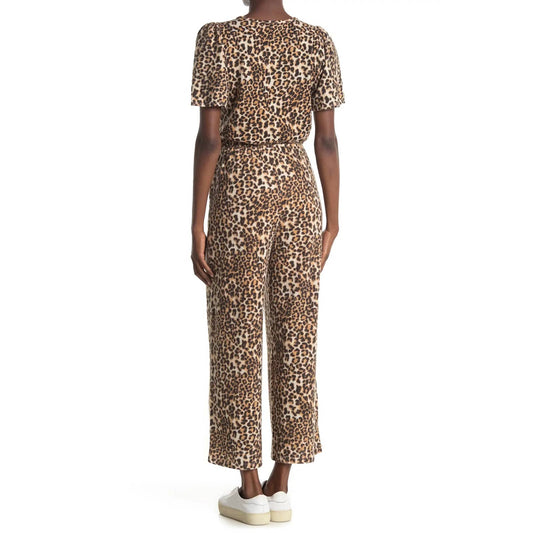 19 COOPER Women's Brown Overflow Leopard Print Surplice Wide Leg Jumpsuit SZ M