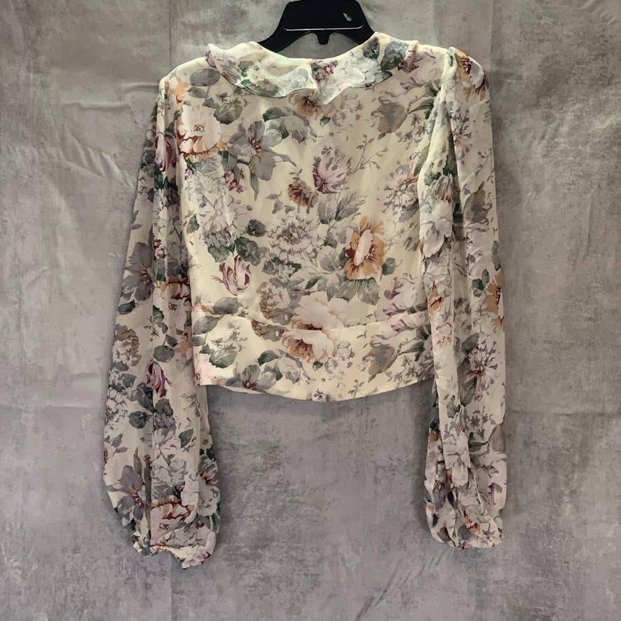 BARDOT Ivory Floral Ruffled V-Neck Long Sleeve Top SZ 6/S