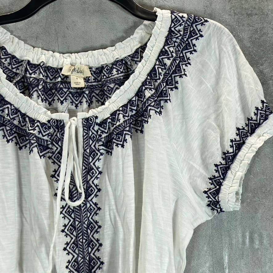 STYLE & CO Women's Bright White Embroidered-Trim Tie-Neck Short Sleeve Top SZ S