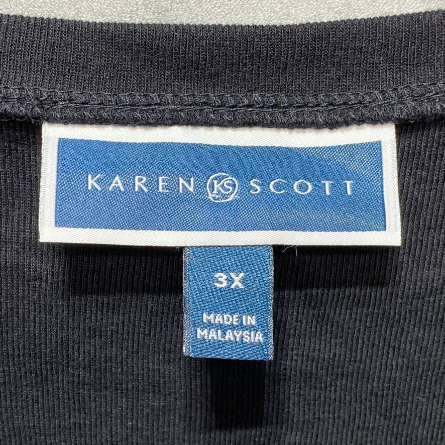 KAREN SCOTT Plus Size Solid Black Cotton Split Neck Short Sleeve Henley Top SZ 3X