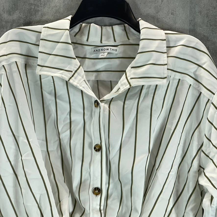 AND NOW THIS Women's White-Olive Striped Button-Down Elastic Waist Top SZ M