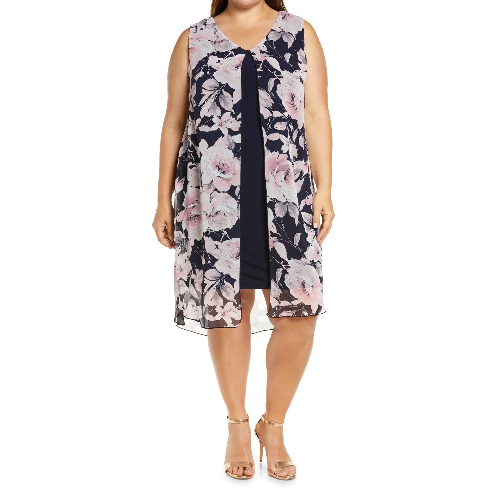 CONNECTED APPAREL Women's Navy-Mauve Floral-Print Chiffon Overlay Dress SZ 6