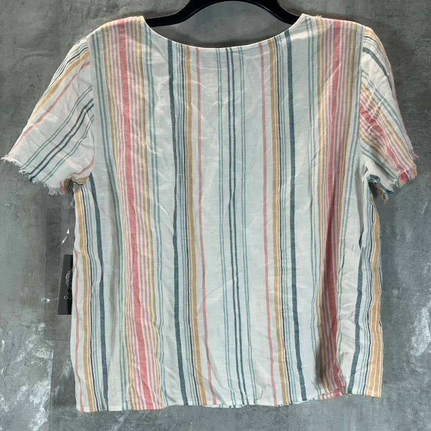 VINCE CAMUTO Women's Beach Stripe Scoop-Neck Frayed Short Sleeve Top SZ M