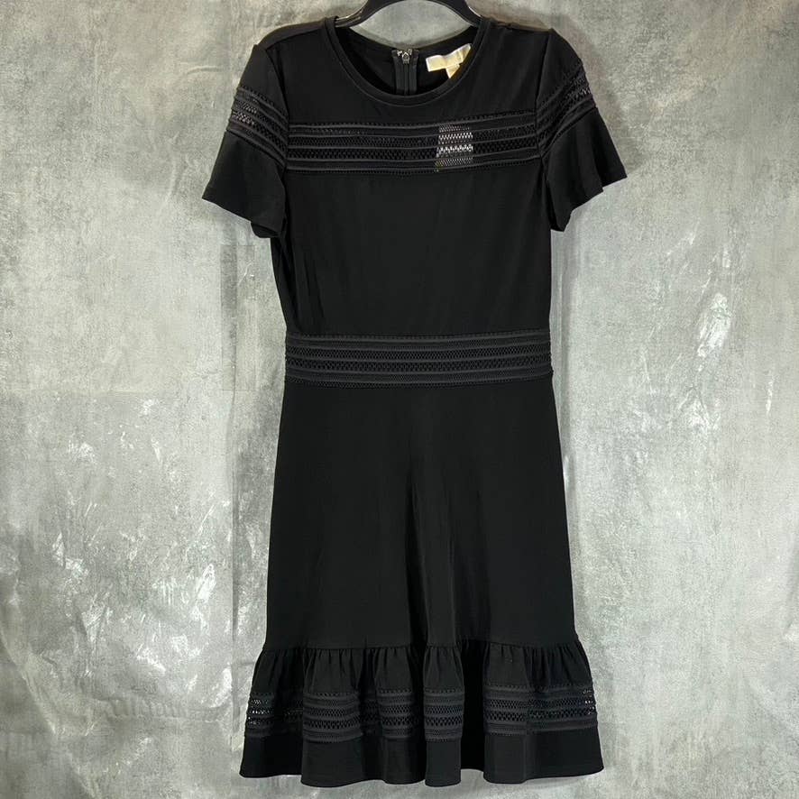 MICHAEL MICHAEL KORS Women's Deep Black Mixed-Mesh Short-Sleeve Mini Dress SZ M