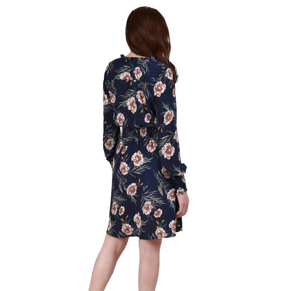 NY COLLECTION Women's Navy Floral V-Neck Smocked Long-Sleeve Fit & Flare Dress