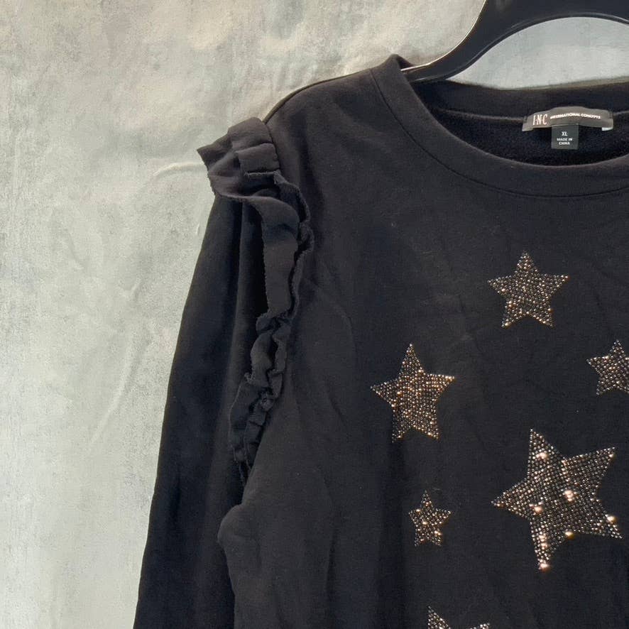 INC Women's Black Rhinestone Star Embellished Ruffle Long Sleeve Sweatshirt SZXL