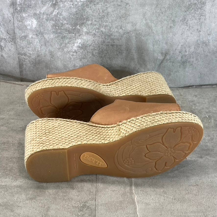 BORN Women's Tan Leather Lilah Round-Toe Slip-On Wedge Platform Sandals SZ 9