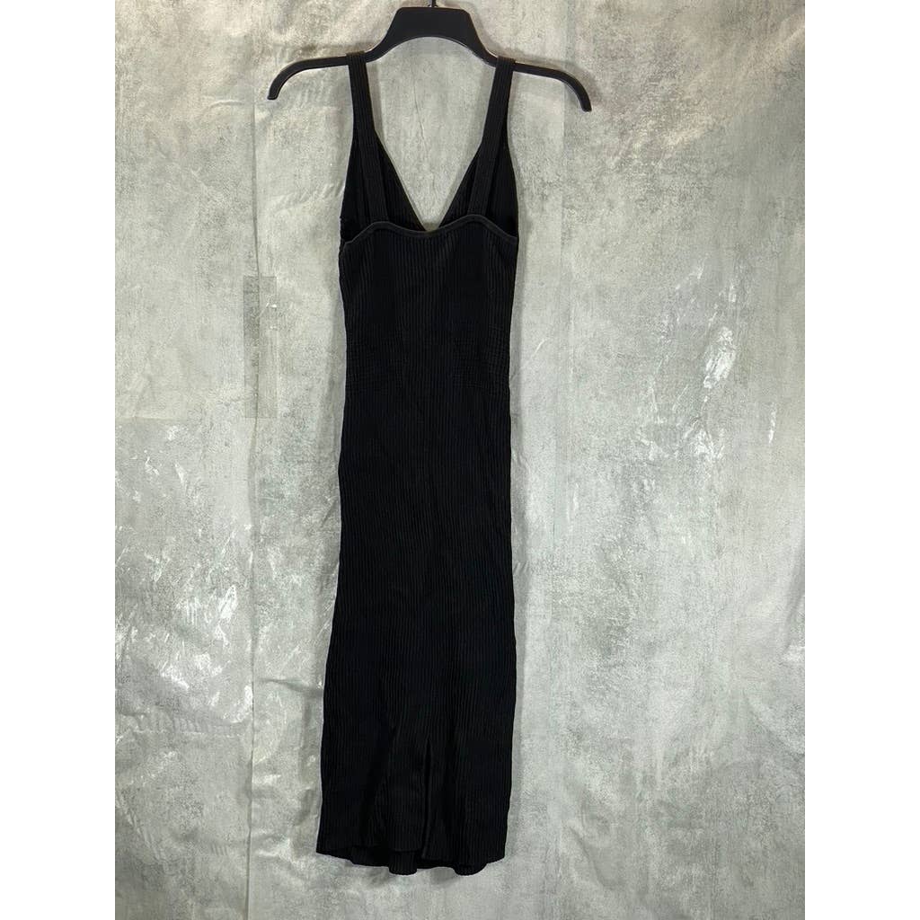 GUESS Women's Jet Black V-Neck Ribbed Engineered Bodycon Midi Dress SZ S