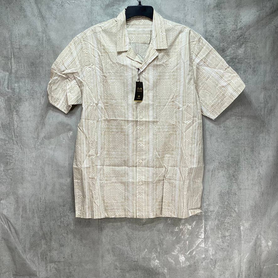 TASSO ELBA Brown Stretch Geo Tile-Print Camp Collar Short Sleeve Shirt SZ L