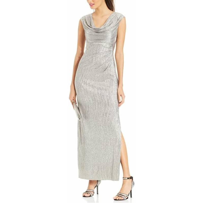 CONNECTED APPAREL Women's Pearl Cowl Neck Slit-Leg Ruched Maxi Evening Dress