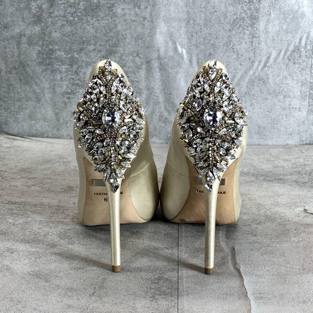 BADGLEY MISCHKA Ivory Satin Kiara Embellished Open Peep-Toe Stiletto Pumps SZ 6