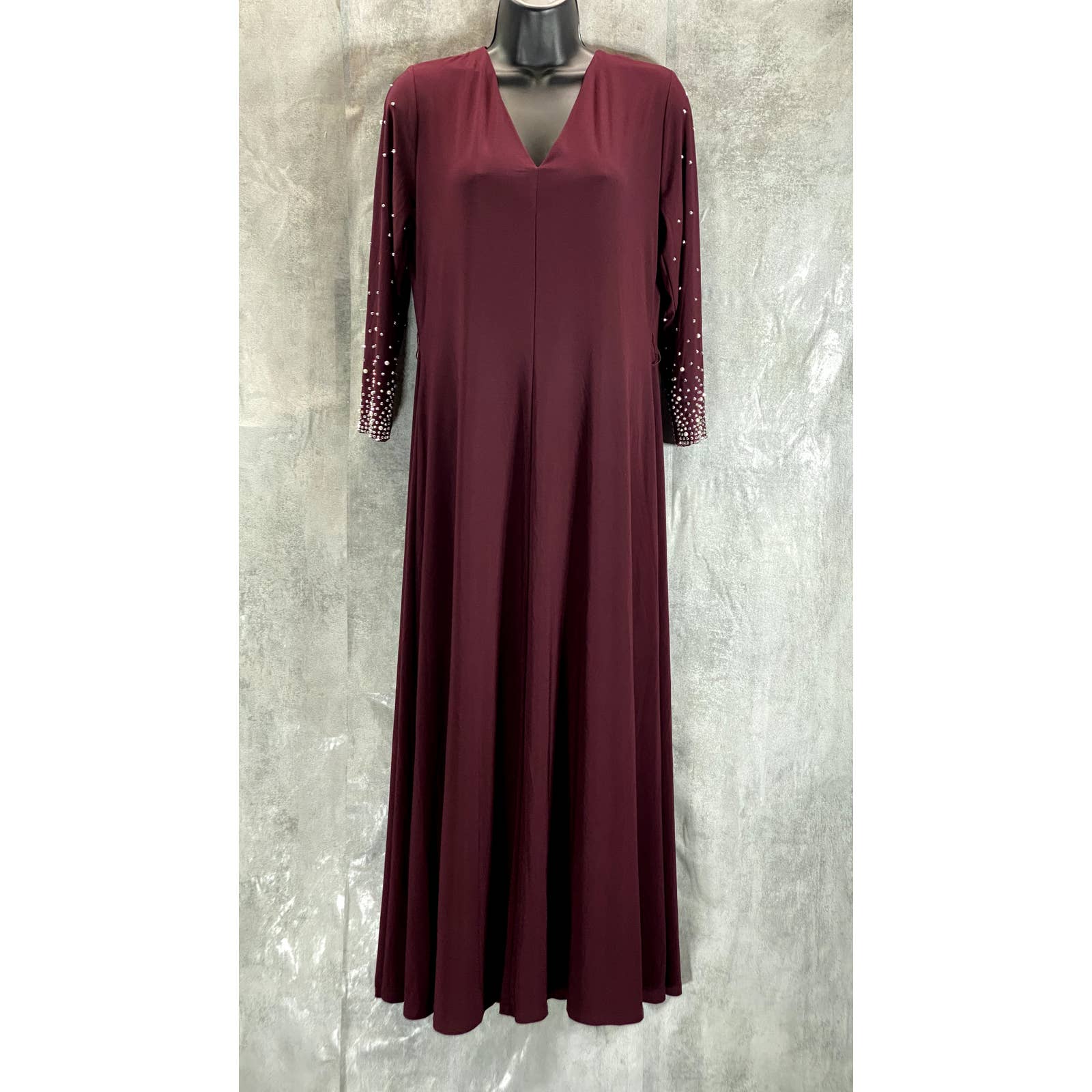 MSK Women's Burgundy V-Neck Rhinestone Embellished 3/4 Sleeve Midi Dress SZ M