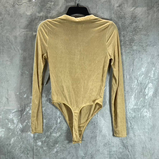 AND NOW THIS Women's Camel Button Polo Collar Long-Sleeve Thong Bodysuit SZ S