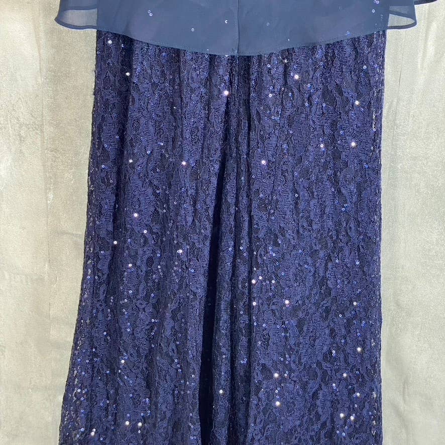 SLNY Women's Navy All-Over Lace Sequin Embellished Cape Maxi Gown SZ 4