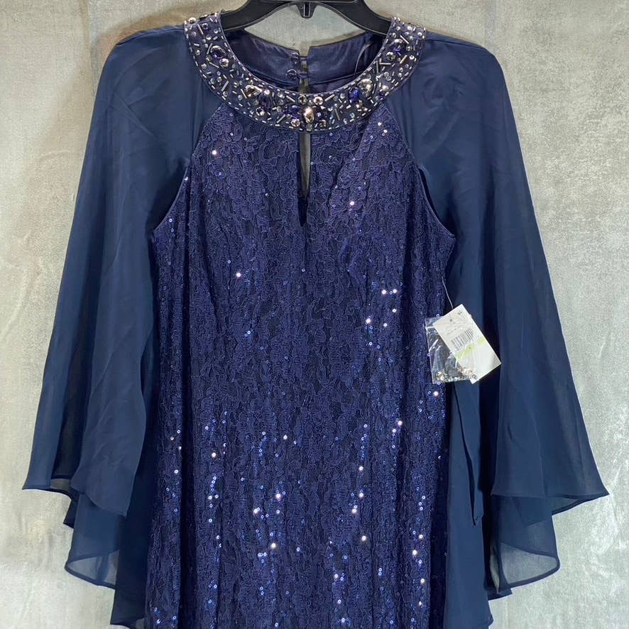 SLNY Women's Navy All-Over Lace Sequin Embellished Cape Maxi Gown SZ 4