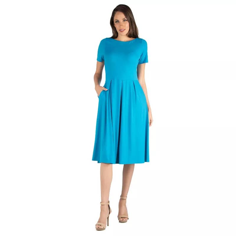 24SEVEN COMFORT APPAREL Women's Blue Short Sleeve Pocket Detail Dress SZ XL