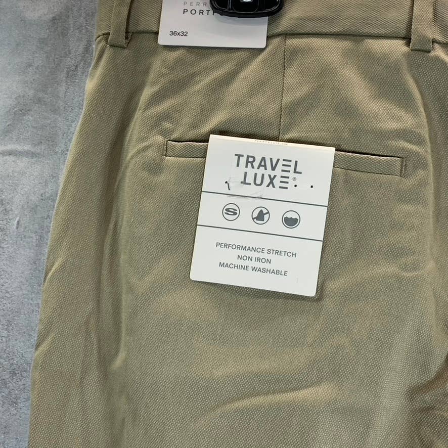 PERRY ELLIS PORTFOLIO Men's Tan Mini Check Slim-Fit Stretch Dress Pants SZ 36X32