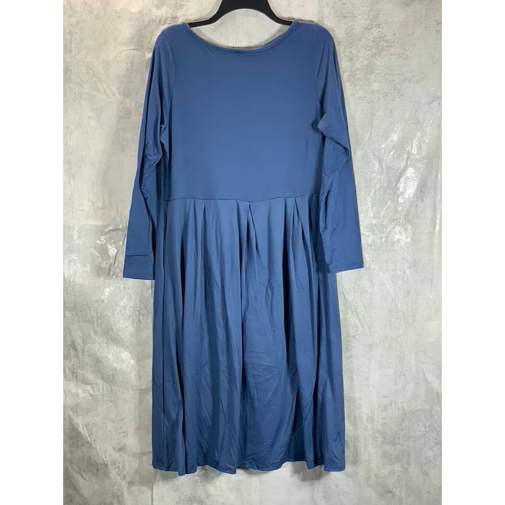 24SEVEN COMFORT APPAREL Women's Medium Blue Round-Neck Long-Sleeve Midi Dress