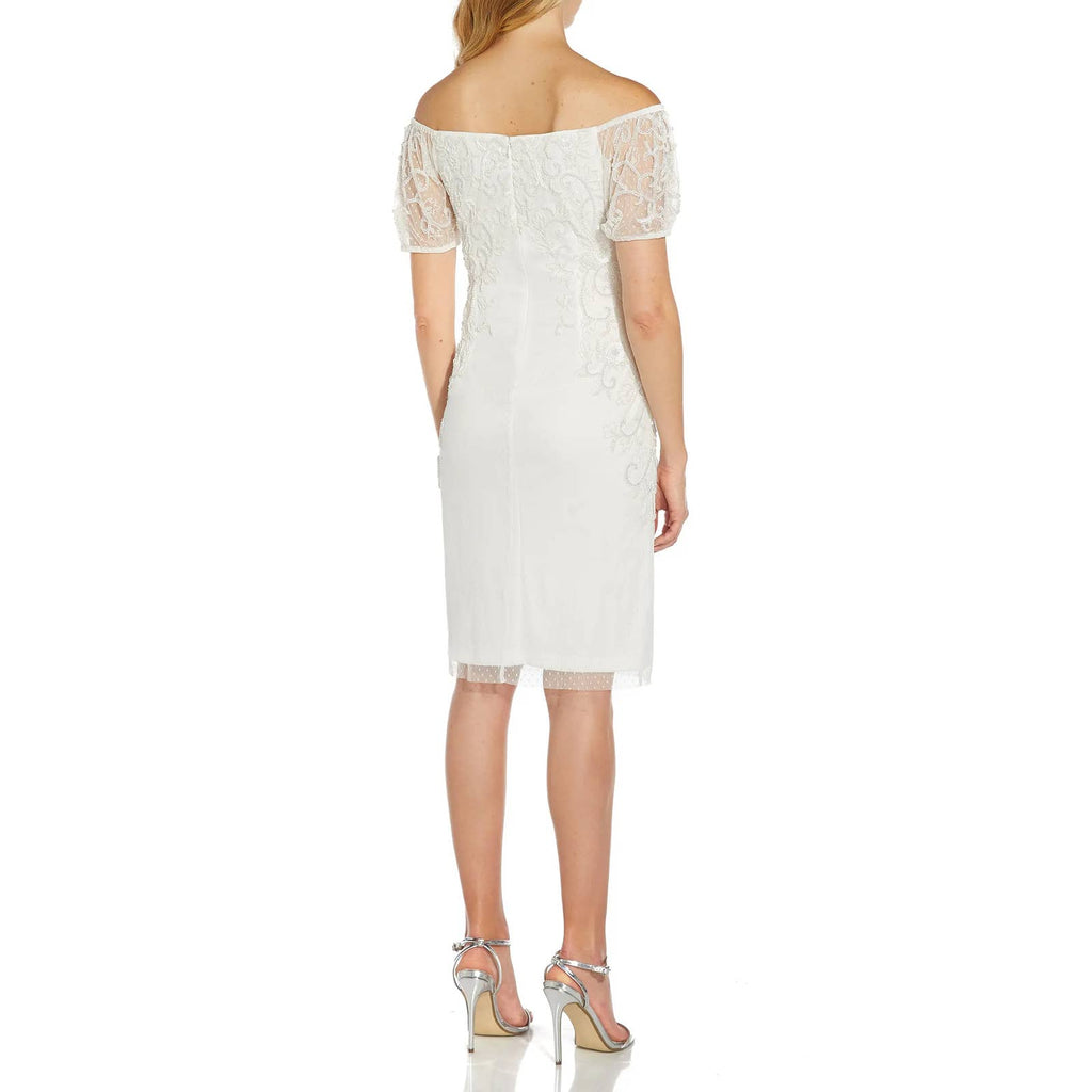 ADRIANNA PAPELL Women's Ivory Bead Embellished Off-The-Shoulder Dress SZ8