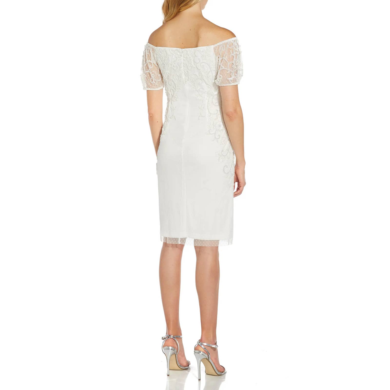 ADRIANNA PAPELL Women's Ivory Bead Embellished Off-The-Shoulder Dress SZ8