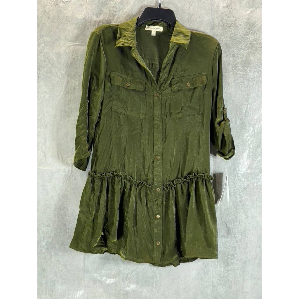 KINGSTON GREY Juniors' Olive Ruffle-Hem Long-Sleeve Button-Front Shirtdress SZXS