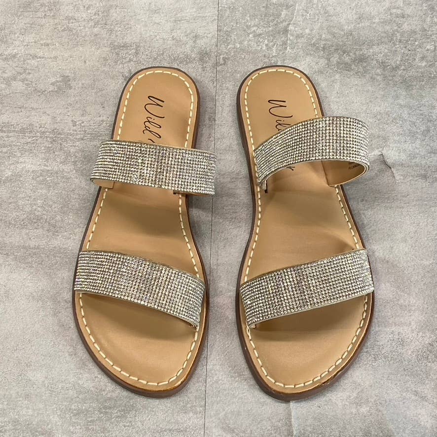 WILD PAIR Women's Sliver Bling Embellished Double-Strap Ginnie Slide Sandals SZ9