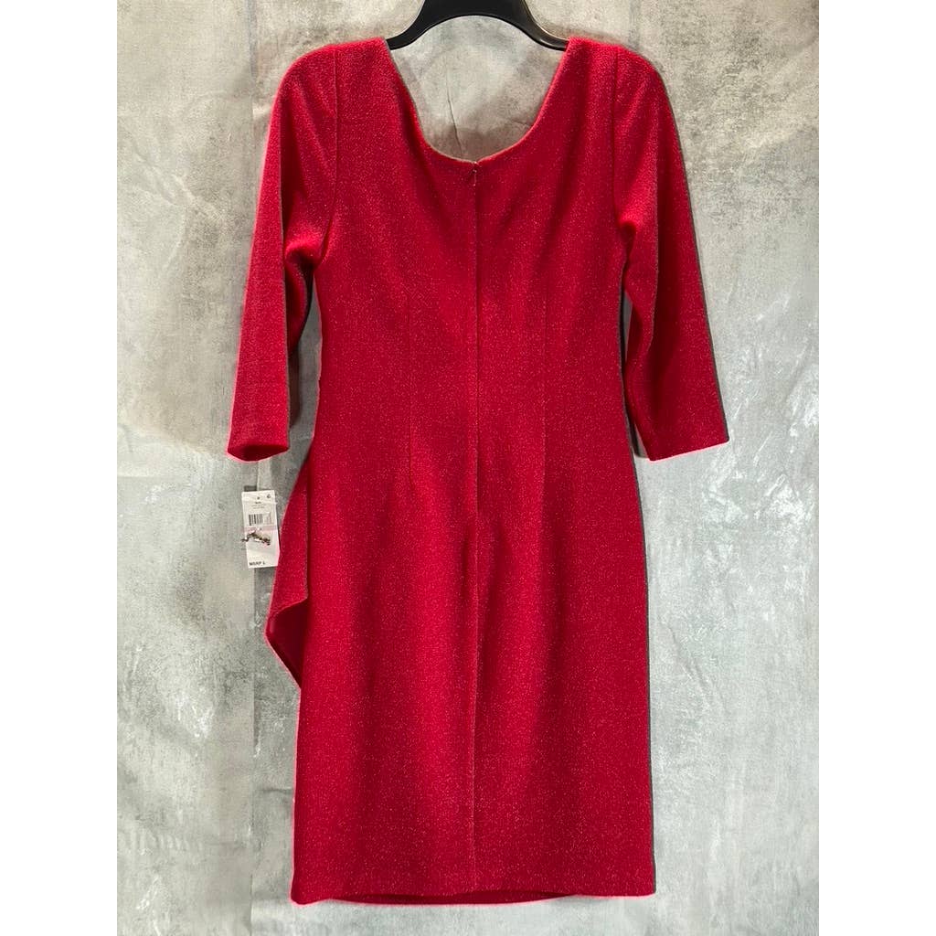 SLNY Women's Red V-Neck 3/4 Sleeve Brooch Ruching Waist Mini Dress SZ 6