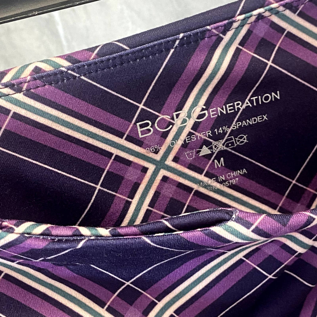 BCBGENERATION Women's Black-Purple Plaid High-Rise Pull-On Stretch Crop Leggings SZ M