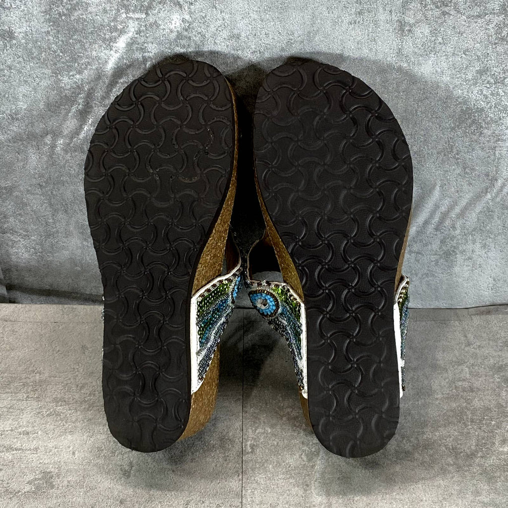WHITE MOUNTAIN Women's Beige Beaded Bluejay Wedge Slip-On Thong Sandals SZ 6