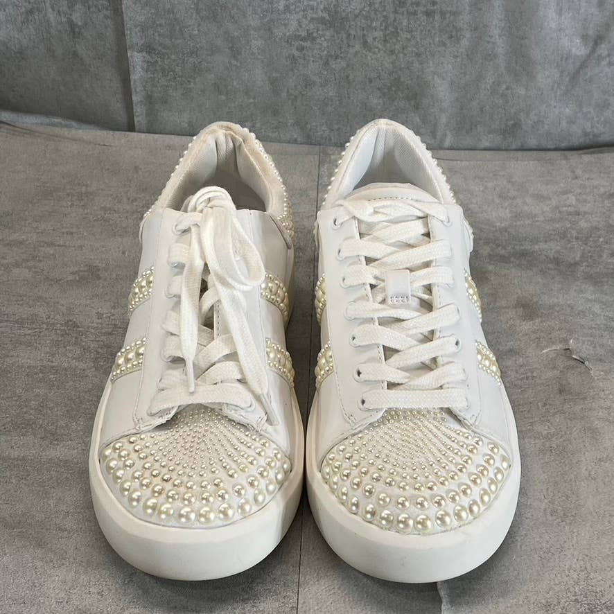 INC Women's White Imitation Pearl Embellished Alleni Lace-Up Sneakers SZ 5.5