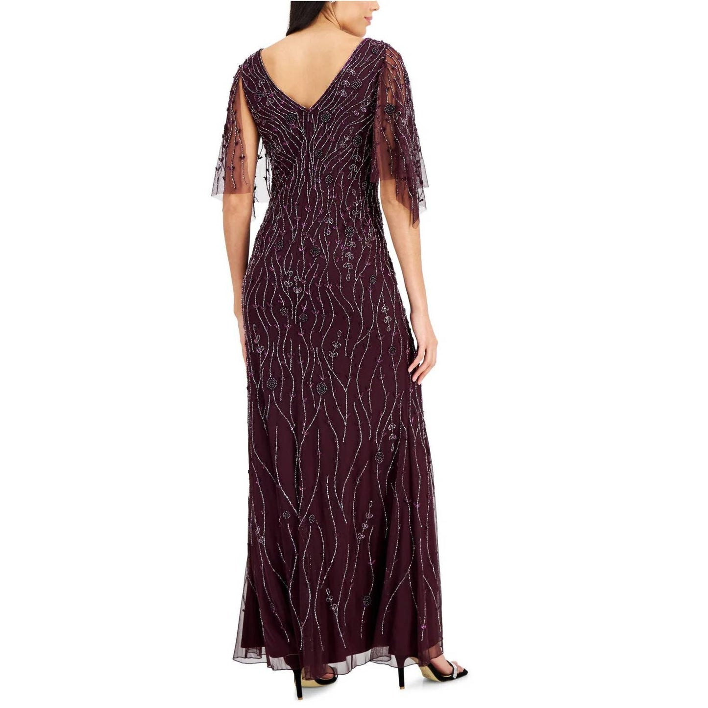 JKARA Women's Wine Beaded Embellished V-Neck Mesh Flutter-Sleeve Gown SZ 12