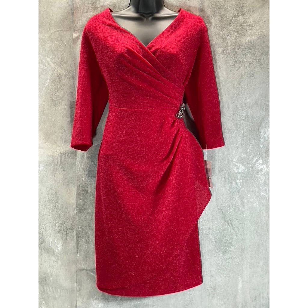 SLNY Women's Red V-Neck 3/4 Sleeve Brooch Ruching Waist Mini Dress SZ 6