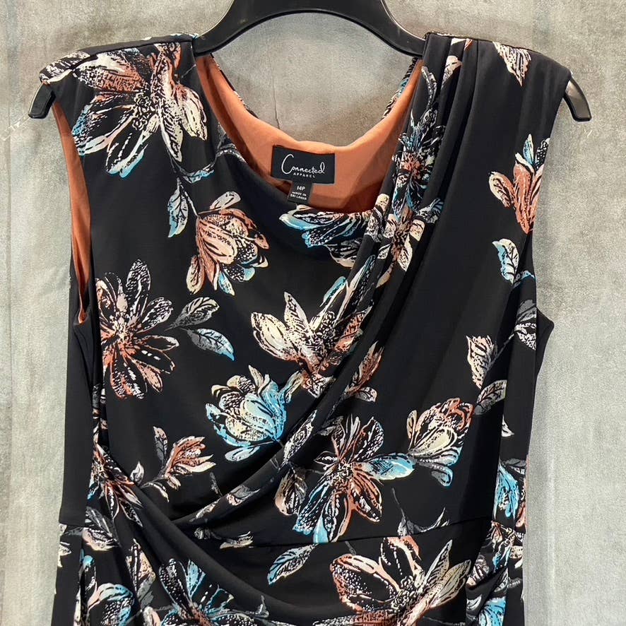 CONNECTED APPAREL Women's Petite Black Floral Faux-Wrap Midi Dress SZ 14P