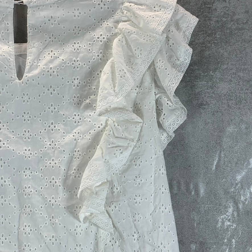 CHARTER CLUB Women's Bright White Crewneck Eyelet Flutter Short-Sleeve Top SZ L