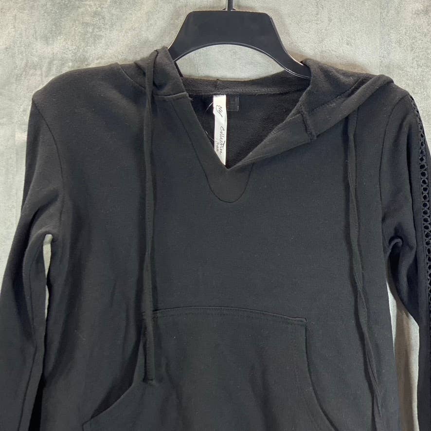 NY COLLECTION Women's Petite Black V-Neck Kangaroo Pocket Long Sleeve Sweater